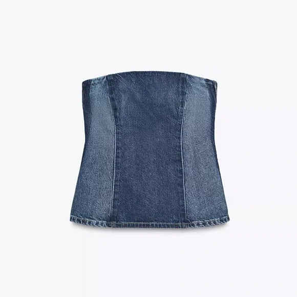 Zara NWT two tone denim medium blue dark navy blue bandeau strapless tube top - Picture 2 of 9